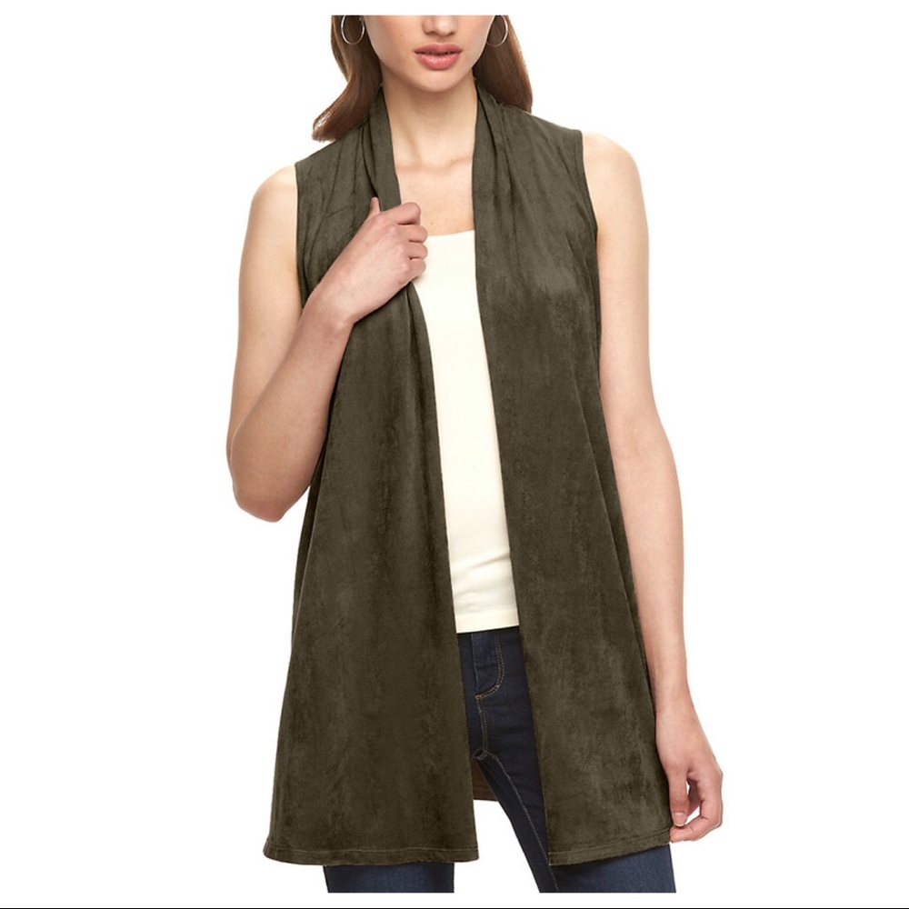 AB Studio Faux Suede Open Front Olive Vest